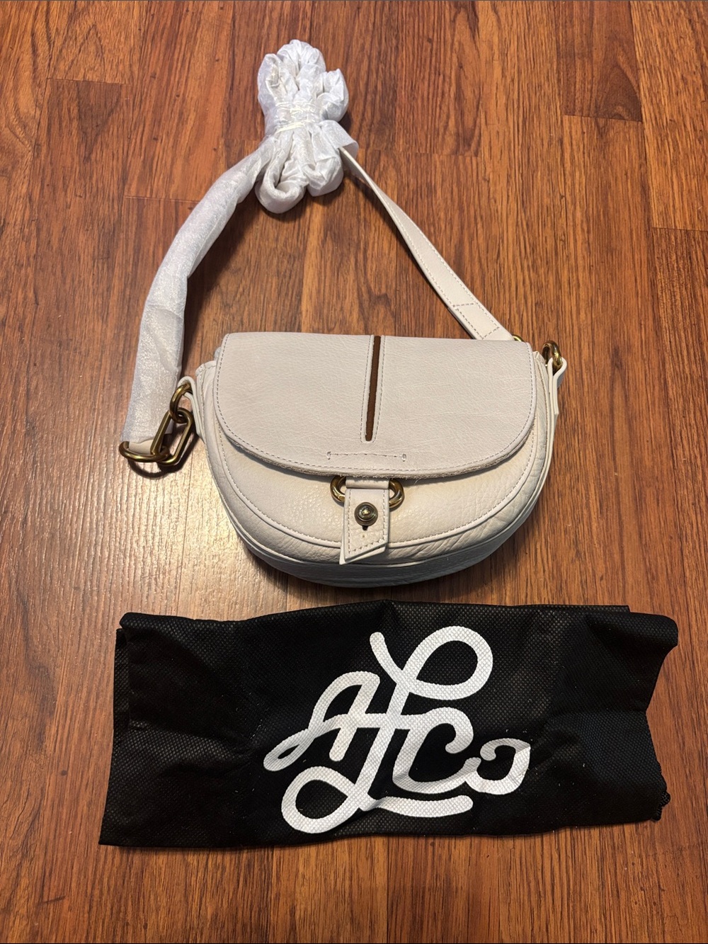 New ALCO Cream Leather Crossbody Saddle Bag with Gold Hardware